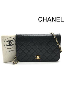 Chanel CC Logo Quilted Chain Shoulder Bag Lambskin Pushlock Black